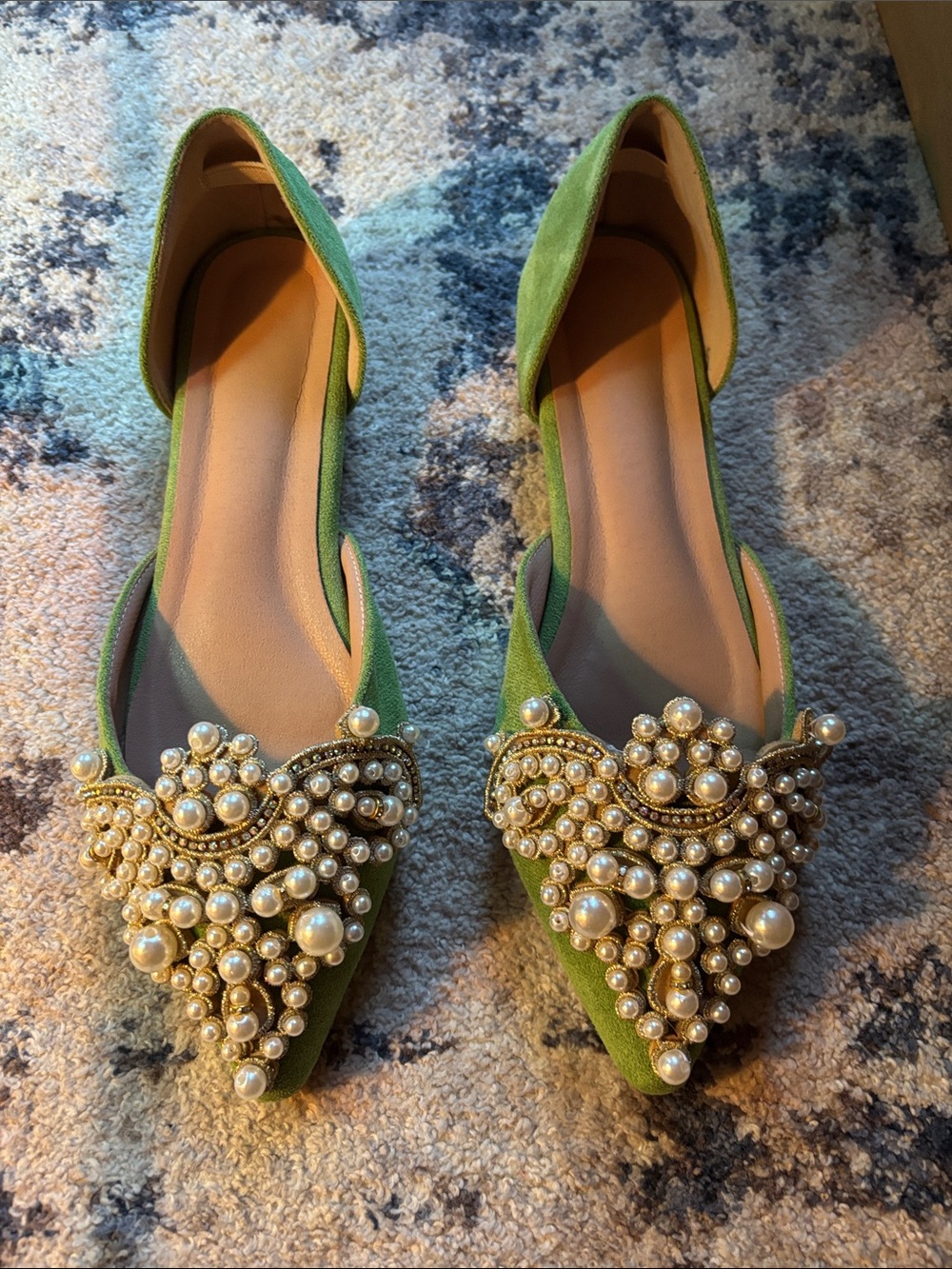 Green Pearl-Embellished Pointed Toe Flats - Women
